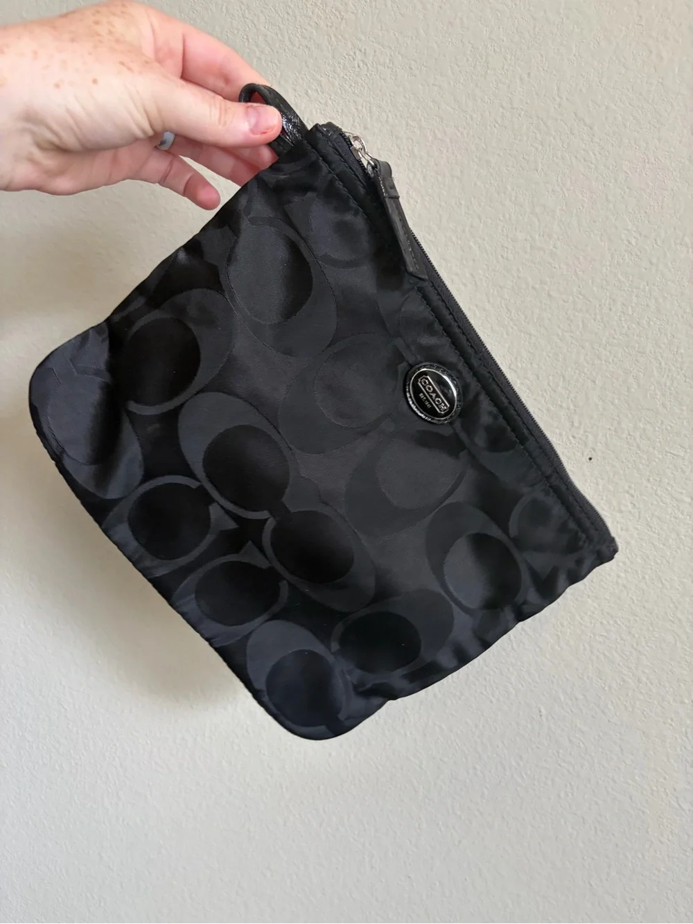 Coach Signature fabric cosmetic pouch makeup bag black-on-black monogram pattern